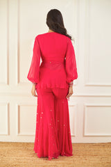 Hot Pink Wrap Around Peplum and Flared Pants Set