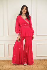 Hot Pink Wrap Around Peplum and Flared Pants Set