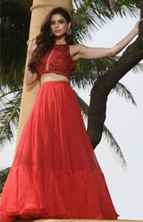 Amna Sharif in Red Halter Sequins Embellished Blouse and Lehenga Set