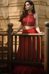 Amna Sharif in Red Halter Sequins Embellished Blouse and Lehenga Set