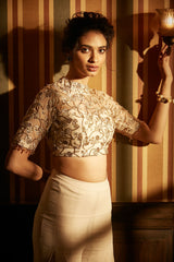 Ivory High Neck Crop Top With Box Pleated Palazzo Set