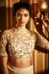 Ivory High Neck Crop Top With Box Pleated Palazzo Set