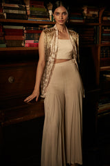 Ivory Tassled Jacket With Bustier and Palazzo Set