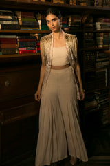 Ivory Tassled Jacket With Bustier and Palazzo Set