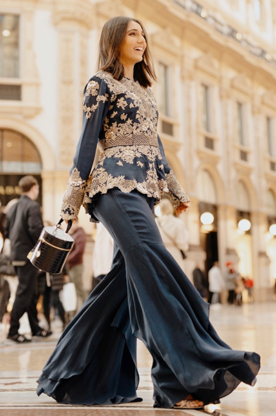 MASOOM MINAWALA in Blue Peplum Jacket Flared Pants Set