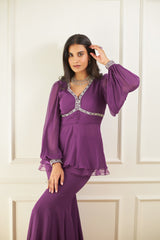 Purple Peplum With Balloon Sleeves and Organza Ruffle Set