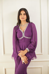Purple Peplum With Balloon Sleeves and Organza Ruffle Set