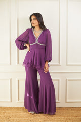 Purple Peplum With Balloon Sleeves and Organza Ruffle Set