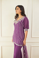 Purple Embroidered Kurta and Flared Pants Set