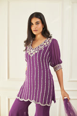 Purple Embroidered Kurta and Flared Pants Set