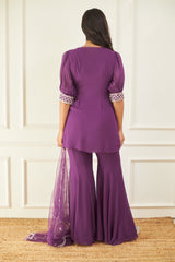 Purple Embroidered Kurta and Flared Pants Set