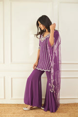 Purple Embroidered Kurta and Flared Pants Set