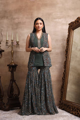 Green Short Kurta with Print Jacket and Flared Pants Set