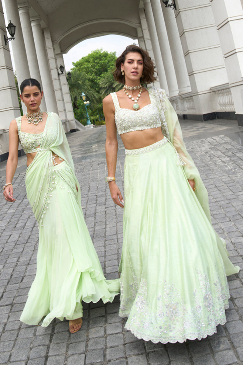 Green Raw Silk Lehenga Set