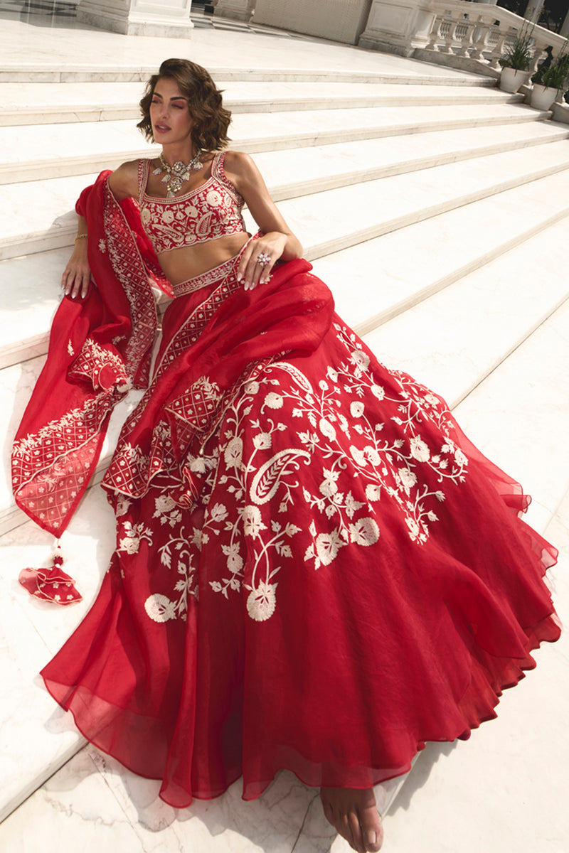 Red Organza Lehenga Set