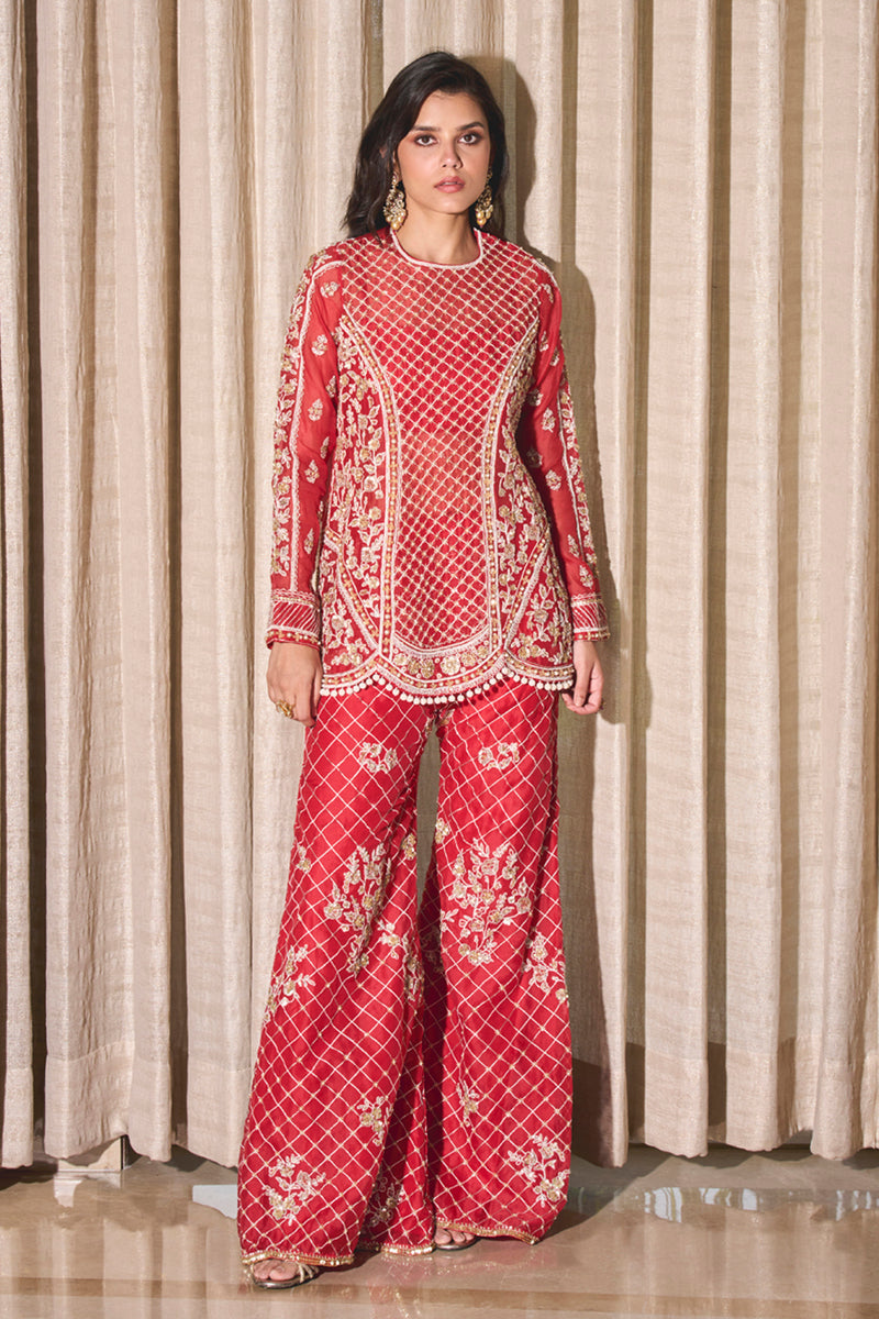 Red Organza Kurta and Pants Set