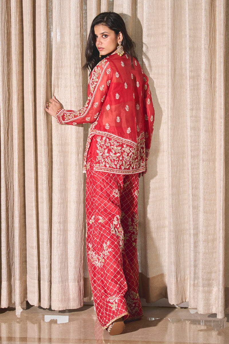 Red Organza Kurta and Pants Set