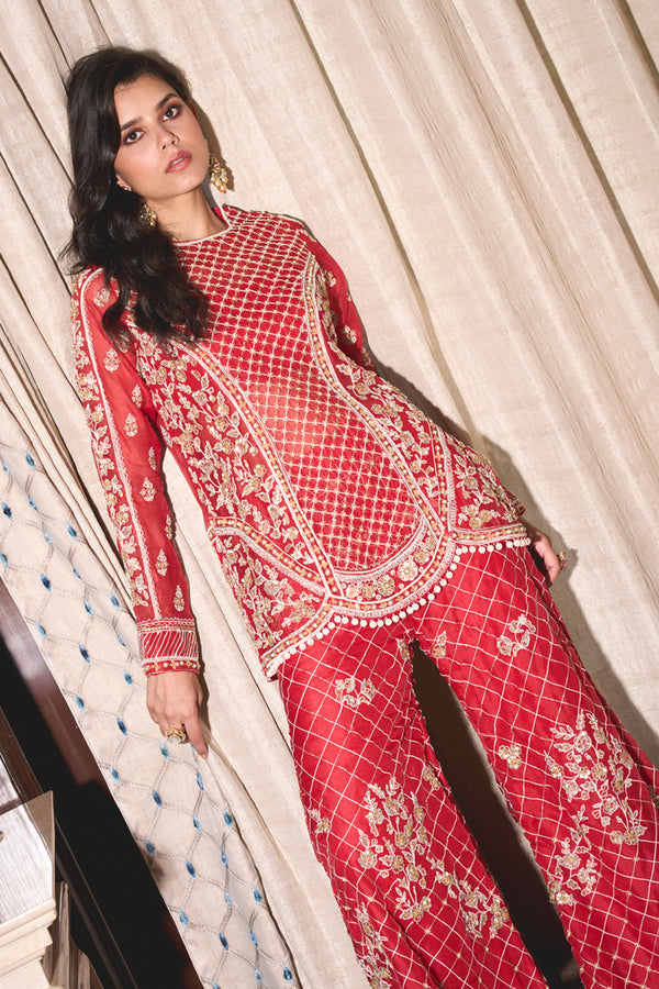 Red Organza Kurta and Pants Set