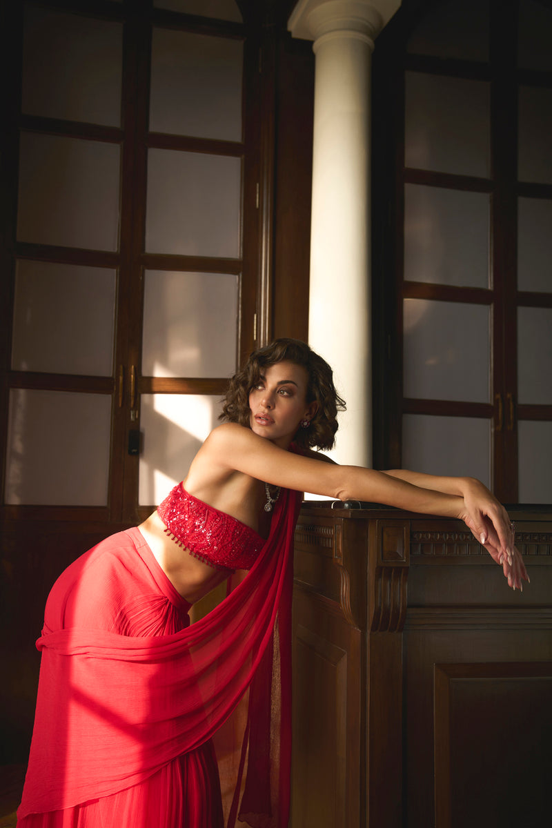 Red Bustier and Corset Saree