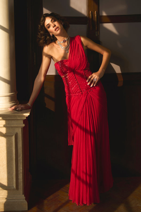 Red Bustier and Corset Saree