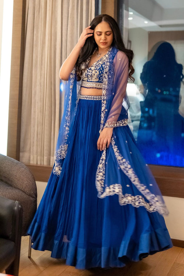 Ayushi Bangur in Ink Blue Blouse Skirt And Dupatta Set