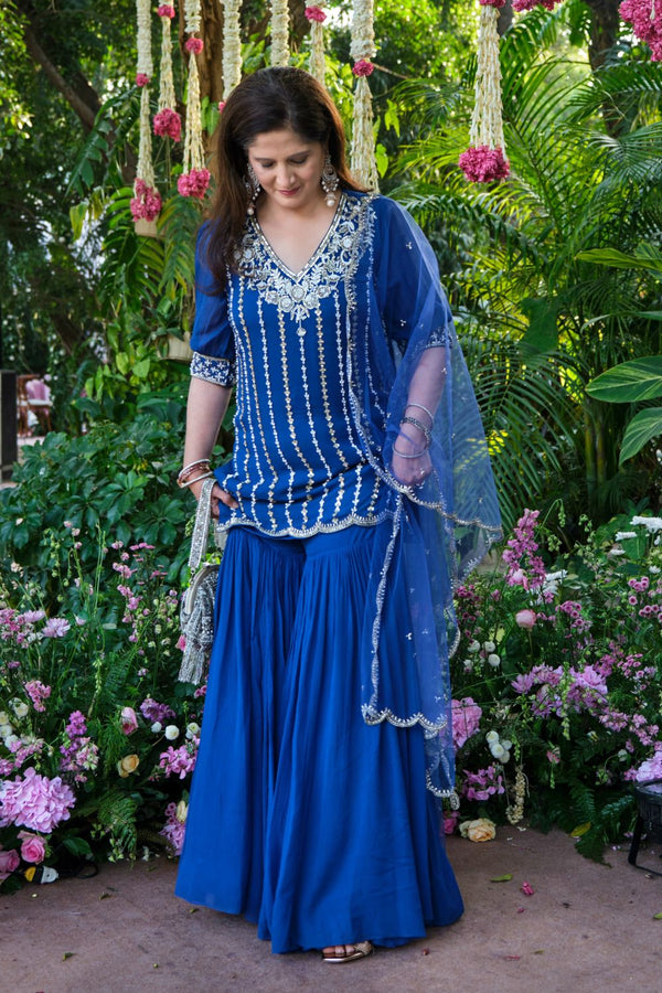 Sapna in Ink Blue Embroidered Kurta and Flared Pants Set
