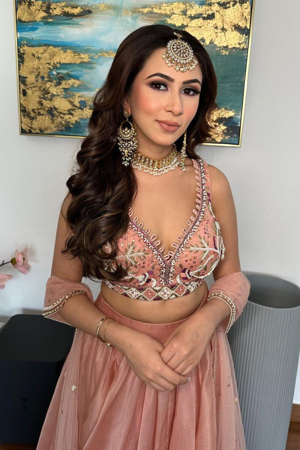 Shikha Sharma in Dusty Pink Blouse and Organza Lehenga Set