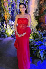 Sanya In Our Red Bustier and Corset Saree