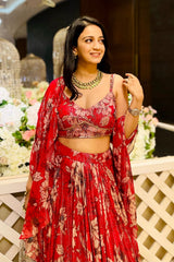 Red Floral Print Lehenga Set