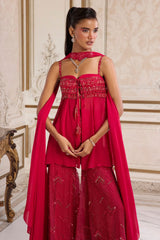 Magenta Flowy Peplum With Sharara Set
