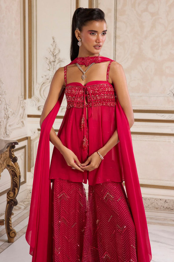 Magenta Flowy Peplum With Sharara Set