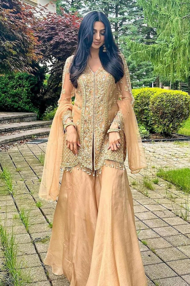 Gold Tonal Embroidered Kurta and Sharara Set