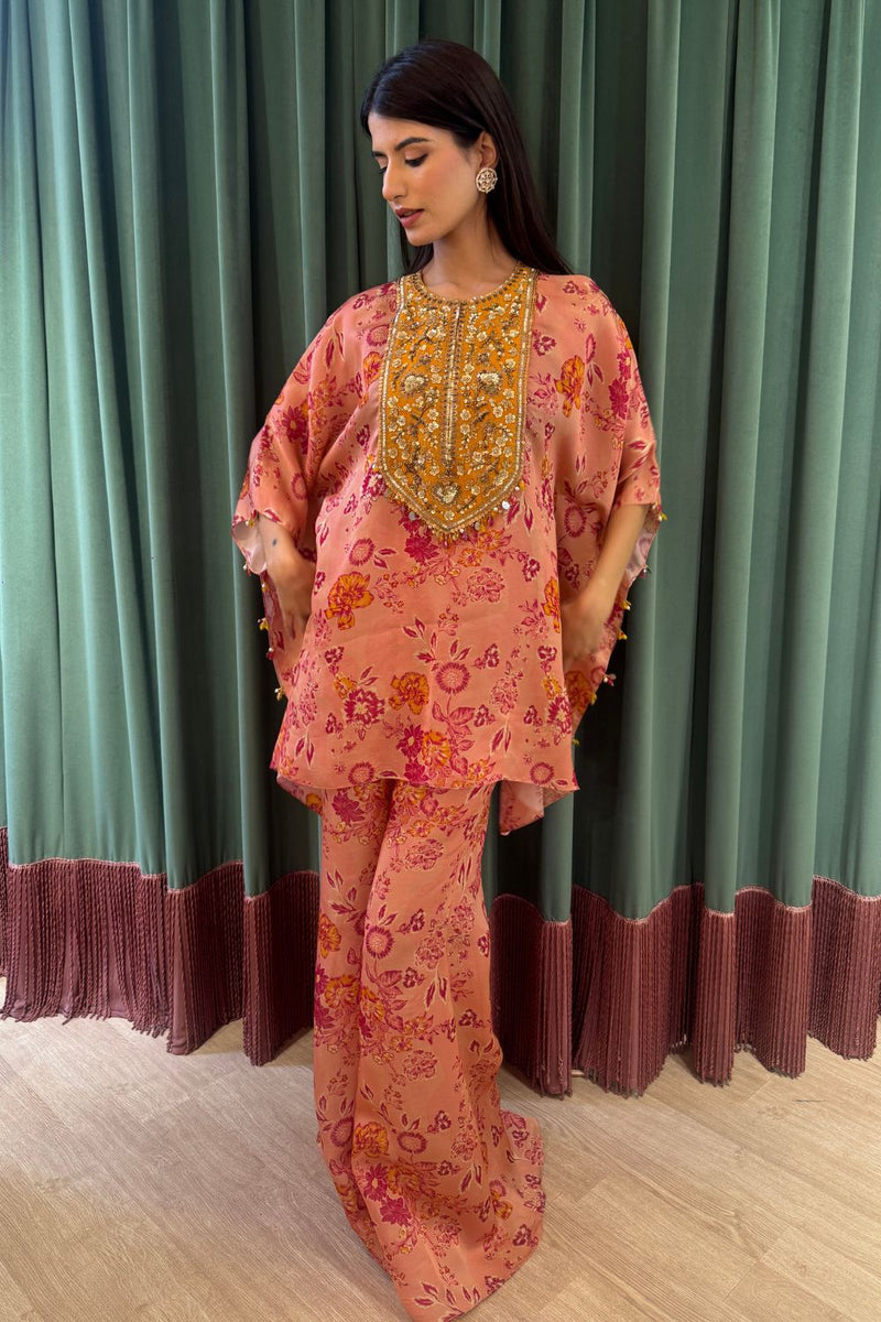 Pink Floral Print Kaftan and Pants Set