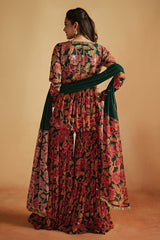 Green Floral Printed Peplum and Sharara Set