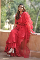 SUMMIYYA IN RED PEPLUM TOP AND DOUBLE SHARARA SET