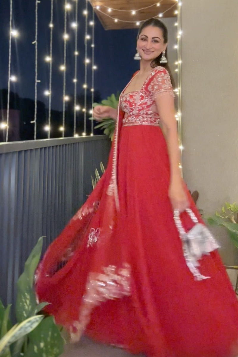 Sukhneet Wadhwa In Our Red Anarkali Set