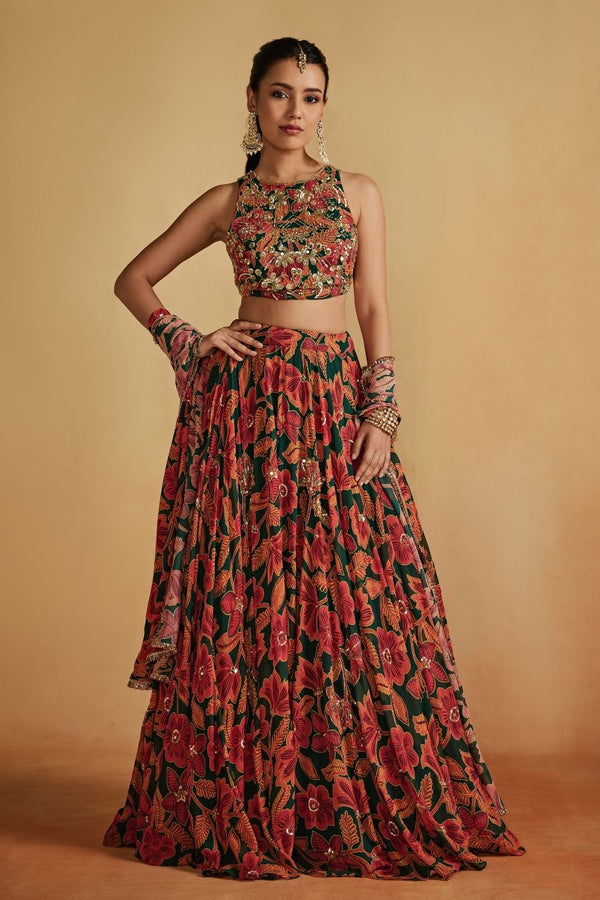 Green Floral Printed Lehenga Set