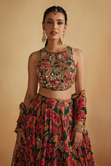 Green Floral Printed Lehenga Set