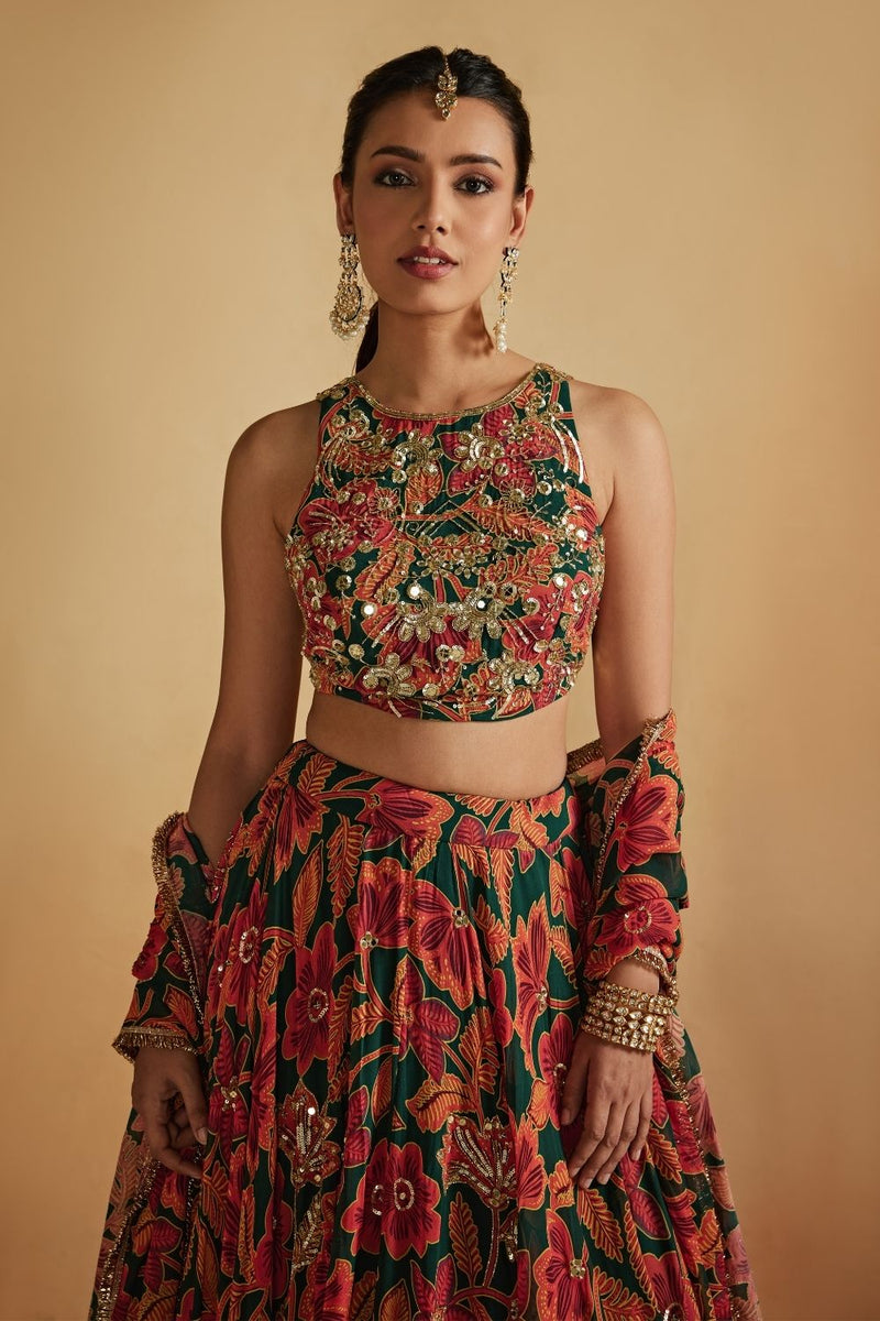 Green Floral Printed Lehenga Set
