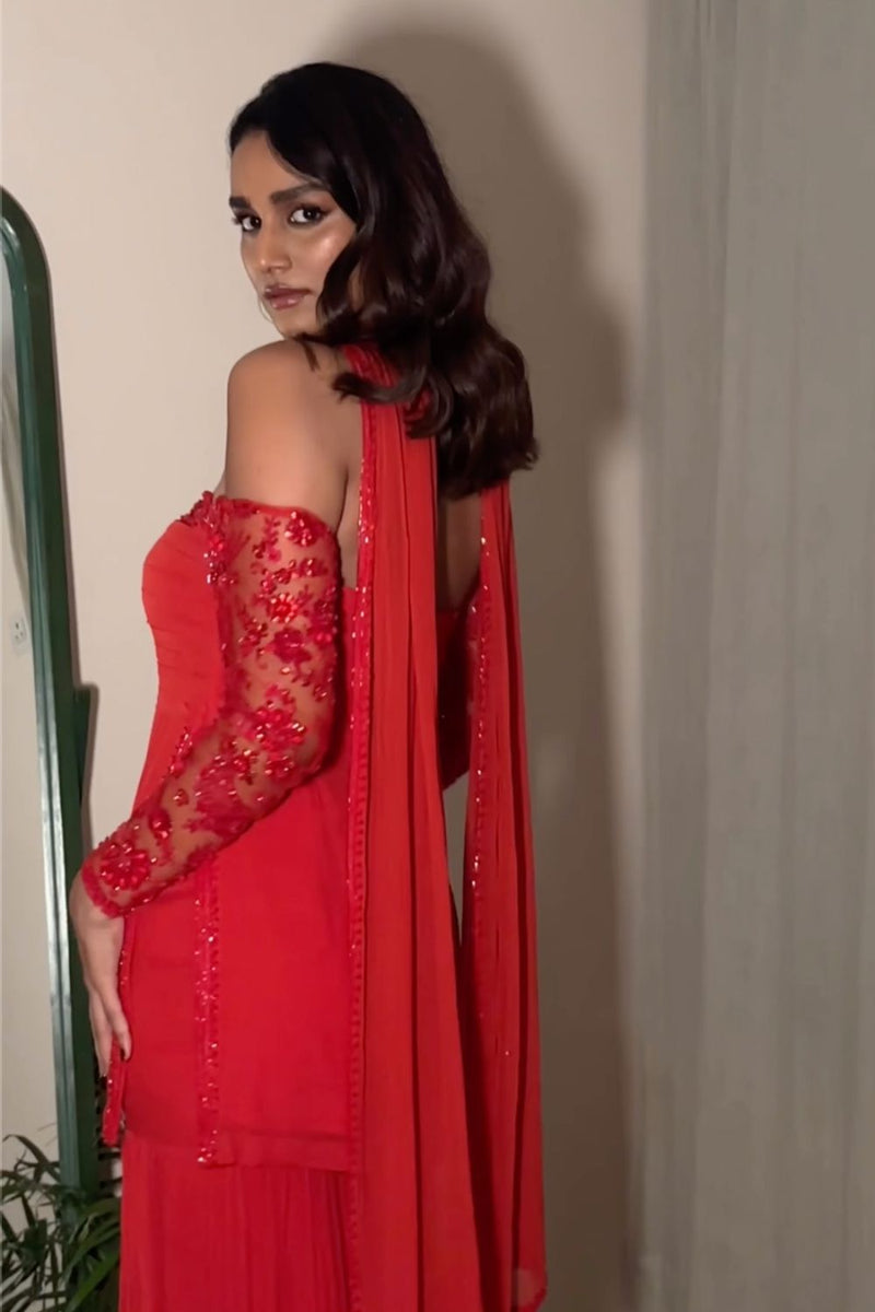 Aishwarya In Our Red Off Shoulder Top and Sharara Set