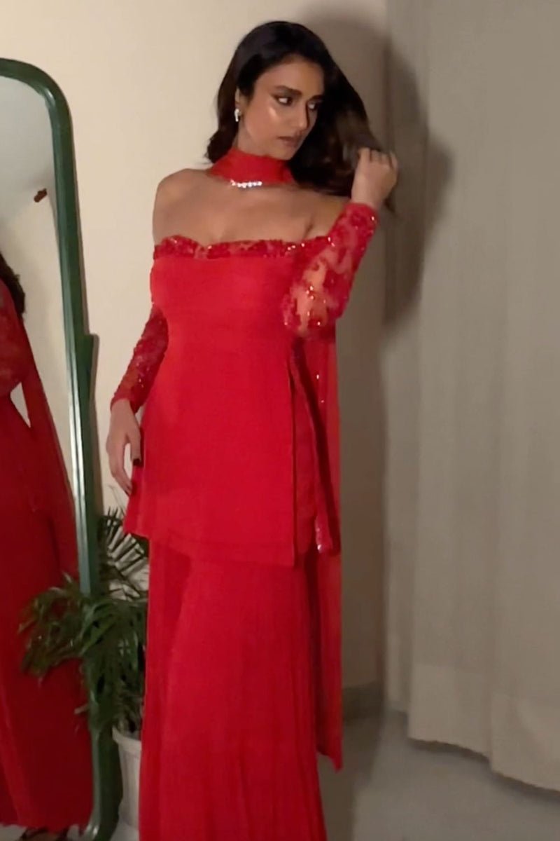 Aishwarya In Our Red Off Shoulder Top and Sharara Set