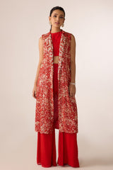 Red Printed Sequin Jacket With Crop Top and Pants Set