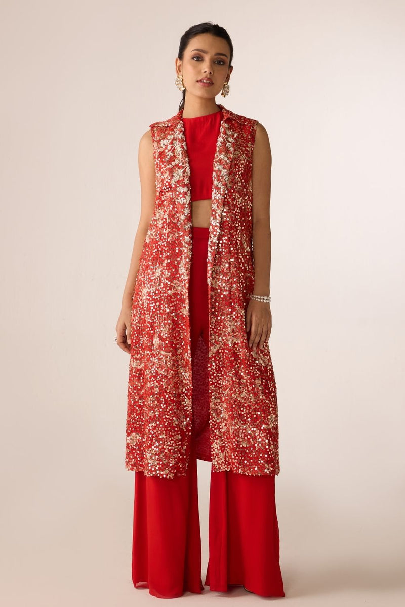 Red Printed Sequin Jacket With Crop Top and Pants Set
