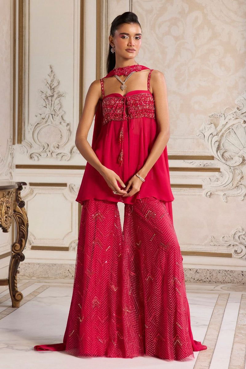 Magenta Flowy Peplum With Sharara Set