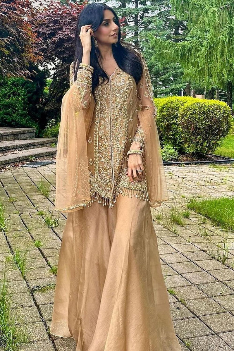 Gold Tonal Embroidered Kurta and Sharara Set