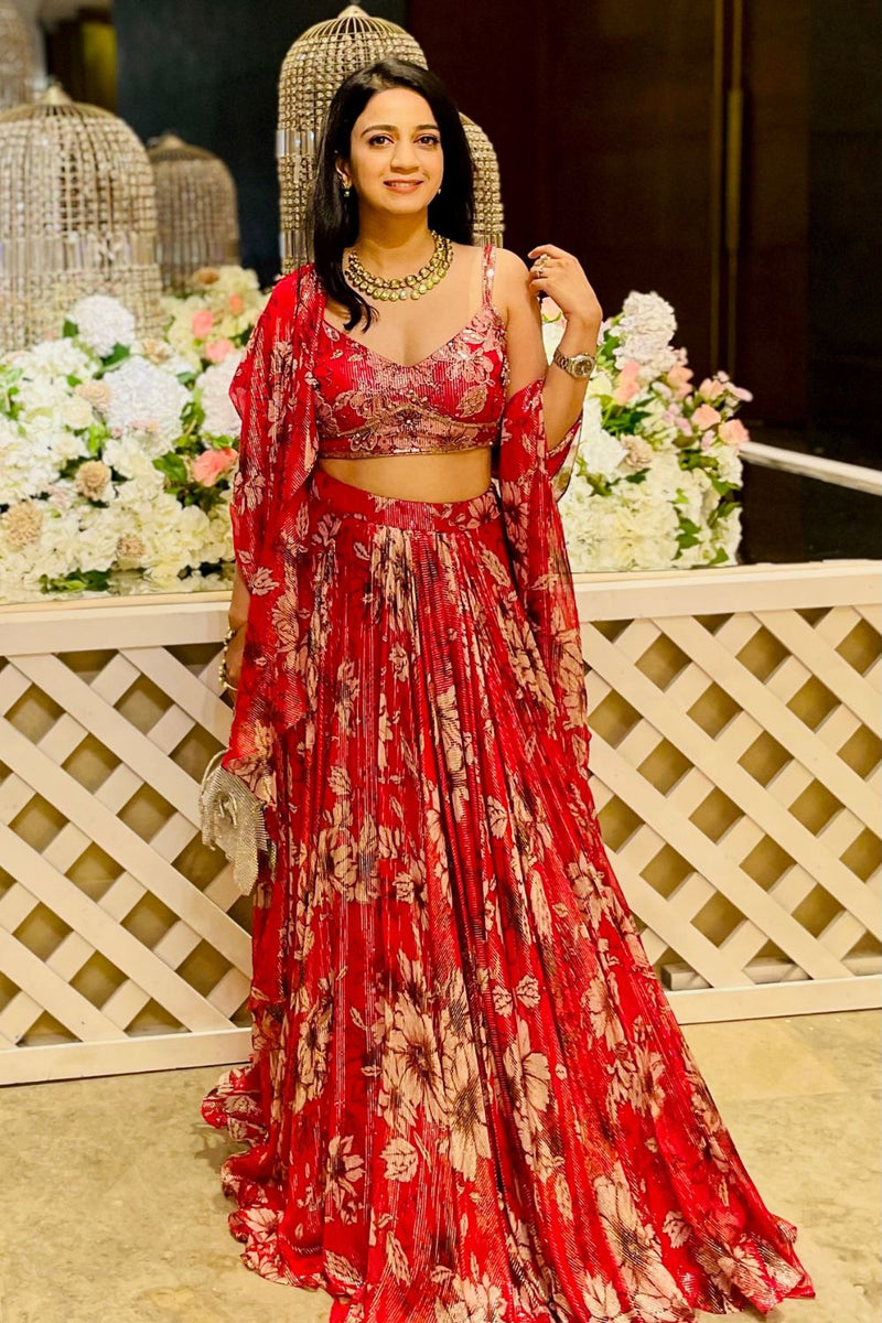 Red Floral Print Lehenga Set