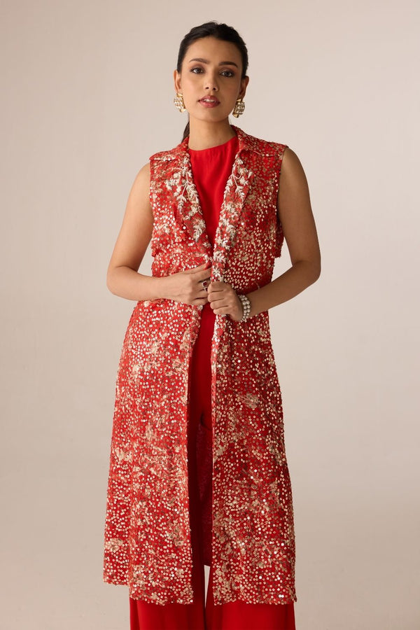 Red Printed Sequin Jacket With Crop Top and Pants Set