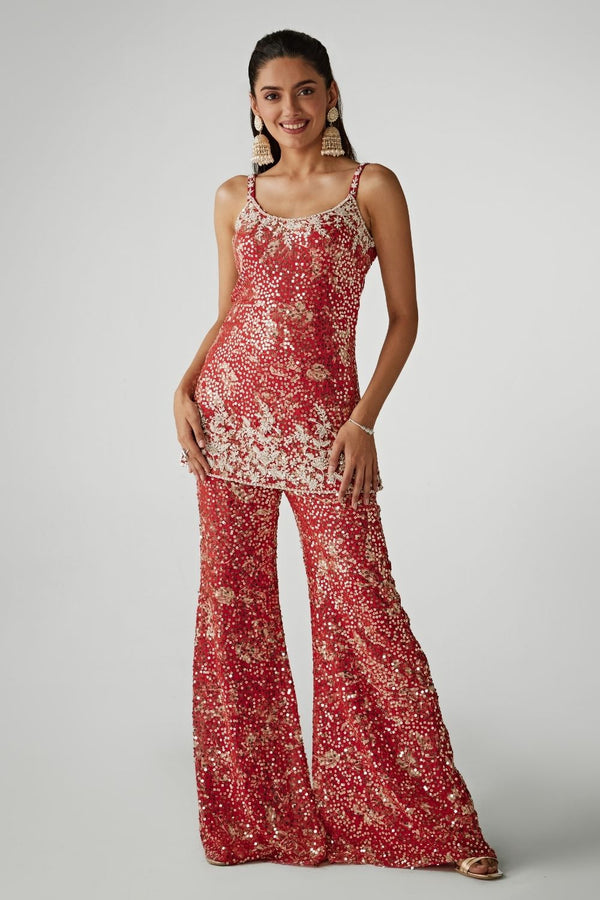 Red Printed Sequin Co-ord Kurta Set