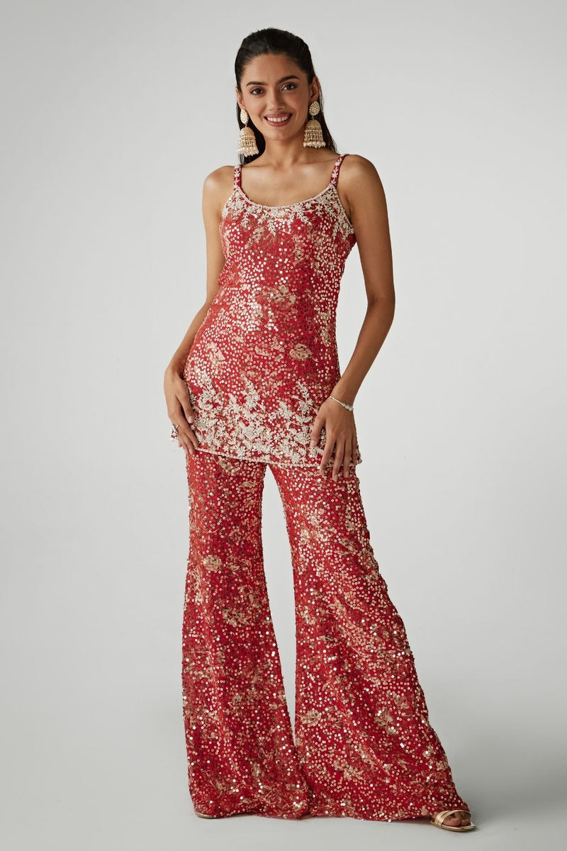 Red Printed Sequin Co-ord Kurta Set