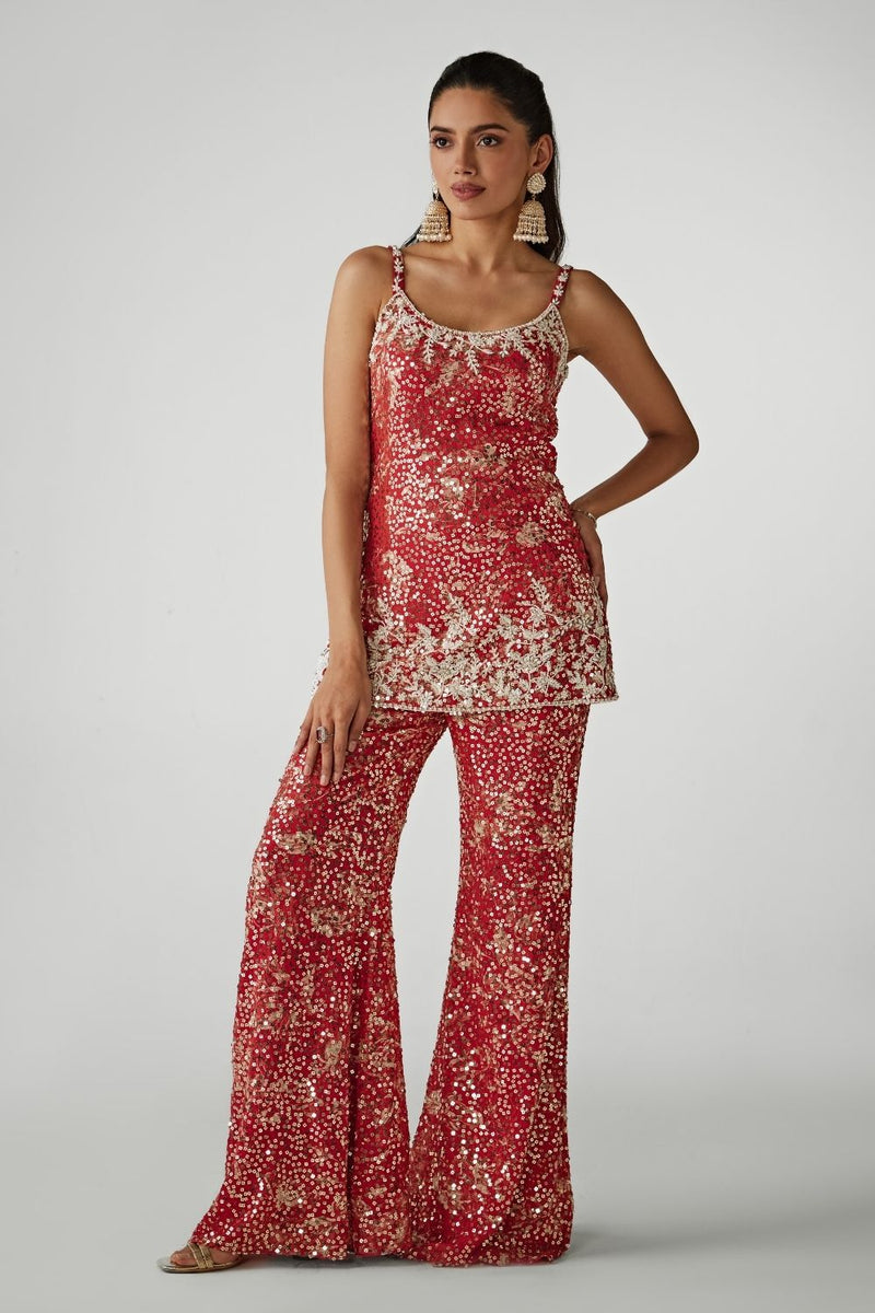 Red Printed Sequin Co-ord Kurta Set